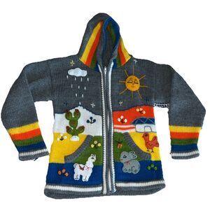 Handmade Kids Hooded Zip Sweater Size 5-7 Years Farm Chicken Llama Rabbit